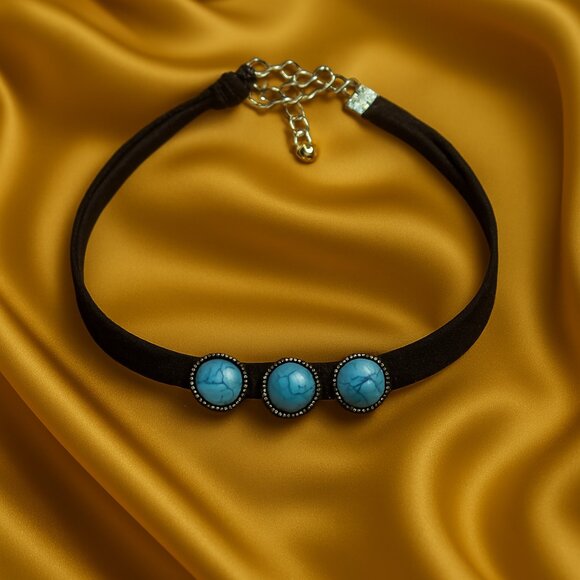 Turquoise Trio Pendant Layered Black Cord Choker — Adjustable Designer Necklace - Picture 1 of 10